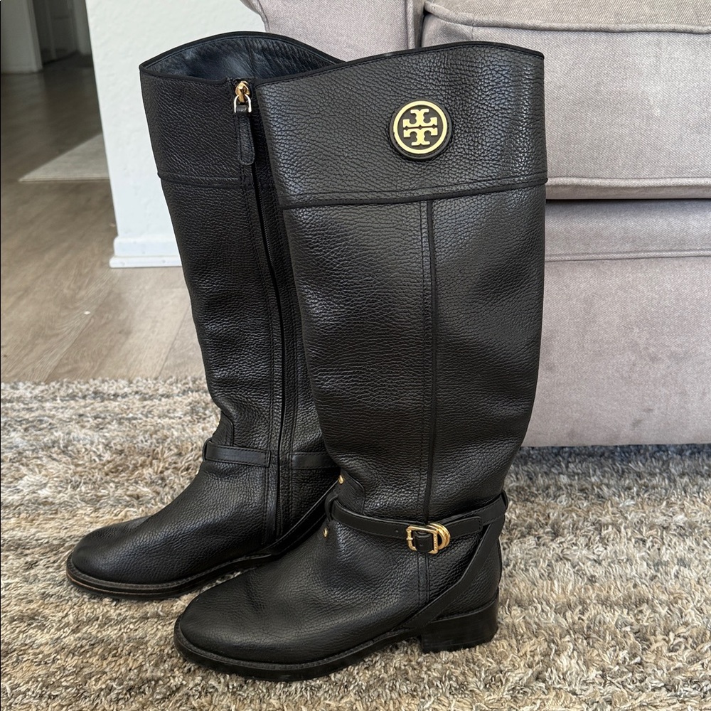 Tory Burch Black Leather Teresa Boots with Gold Accents size 7: retailed $346